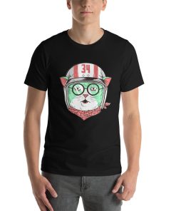 Unisex t-shirt with a picture of a cat in a stunt style helmet and glasses.