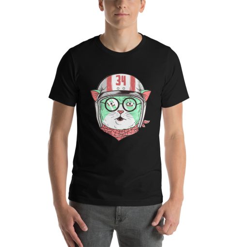 Unisex t-shirt with a picture of a cat in a stunt style helmet and glasses.