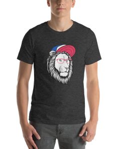 Unisex t-shirt with a picture of a lion wearing a baseball hat and hipster glasses.