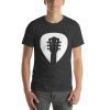 Unisex t-shirt with the silhouette of a guitar headstock over the top of a guitar pick.