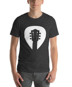 Unisex t-shirt with the silhouette of a guitar headstock over the top of a guitar pick.