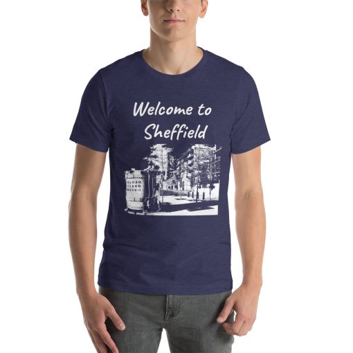 Unisex t-shirt that says "Welcome to Sheffield" with a picture of a Sheffield landmark on it.