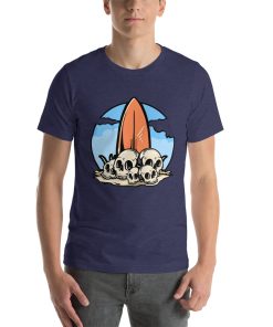 Unisex t-shirt with a picture of a surfboard with skulls gathered around the bottom.