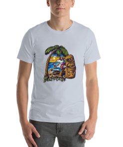 Unisex t-shirt with an image featuring a Tiki motif and a unicorn drinking cocktails.