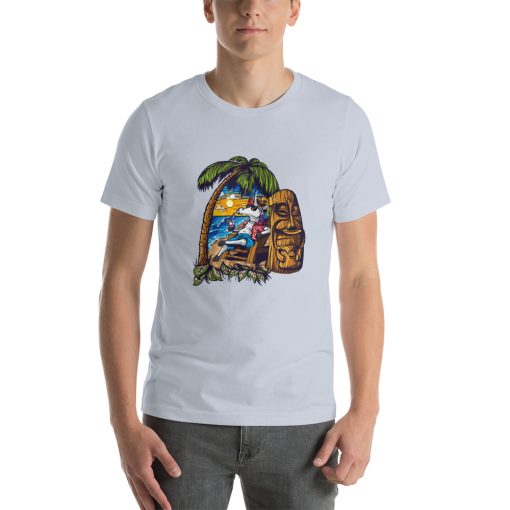 Unisex t-shirt with an image featuring a Tiki motif and a unicorn drinking cocktails.