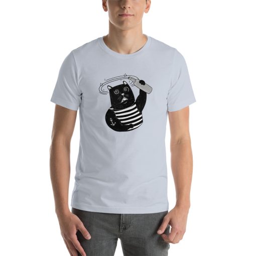 Unisex t-shirt with a picture of a cat with tattoos and a bottle in its hand.