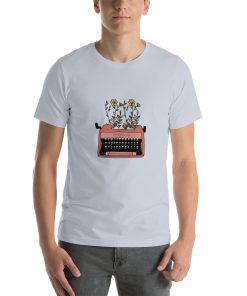 Unisex t-shirt with a picture of a typewriter with flowers growing out of it on it.