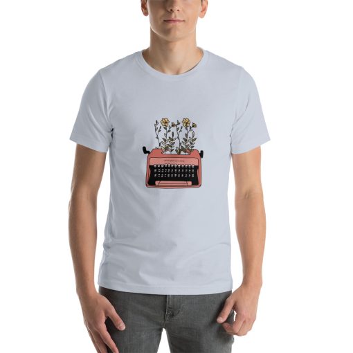 Unisex t-shirt with a picture of a typewriter with flowers growing out of it on it.