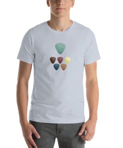 Unisex t-shirt with a picture of selected guitar picks on it.