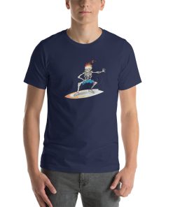 Unisex t-shirt with a picture of a skeleton surfing. The skeleton has flames coming out of its head.