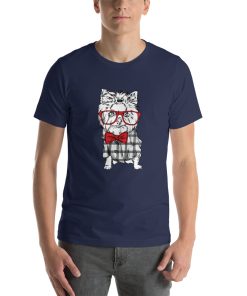 Unisex t-shirt with a picture of a dog wearing a bowtie, glasses, and a plaid shirt.