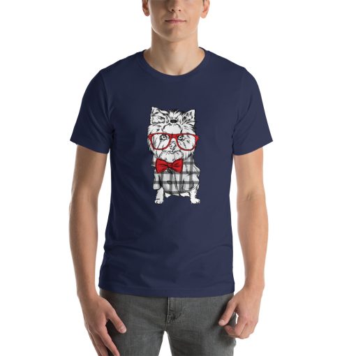 Unisex t-shirt with a picture of a dog wearing a bowtie, glasses, and a plaid shirt.