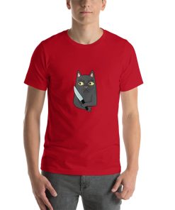 Unisex t-shirt with a picture of a cat holding a knife.