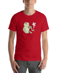 Unisex t-shirt with a picture of a frog smoking an opium pipe.