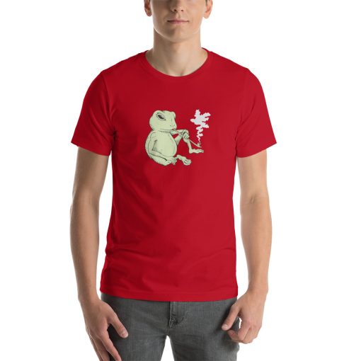 Unisex t-shirt with a picture of a frog smoking an opium pipe.