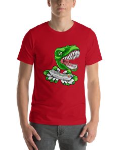 Unisex t-shirt with a picture of a dinosaur playing video games on it.