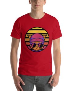 Unisex t-shirt with a picture of a cat wearing sunglasses and a beanie.