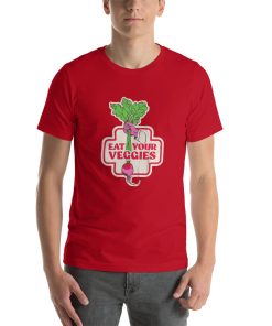 Unisex t-shirt that says "eat your veggies" in a stylized way. It also has a picture of a hand holding vegetables.