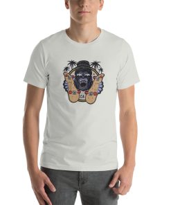 Unisex t-shirt with a picture of a gorilla holding two skateboards.