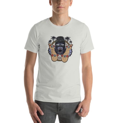 Unisex t-shirt with a picture of a gorilla holding two skateboards.