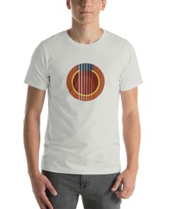 Unisex t-shirt with the sound hole for an acoustic guitar on it.