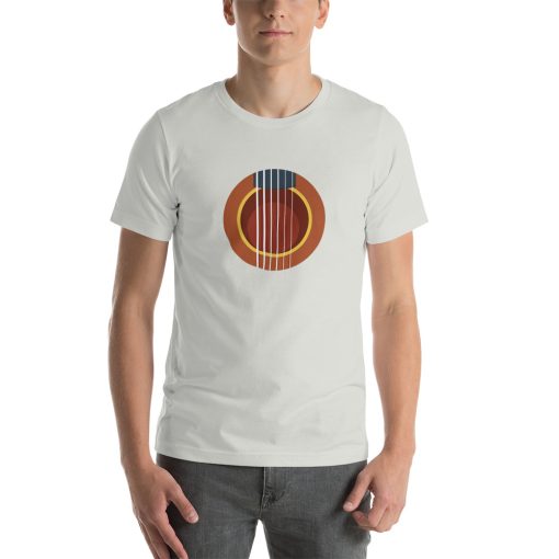 Unisex t-shirt with the sound hole for an acoustic guitar on it.