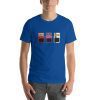 Unisex t-shirt with a picture of three electric guitar effects pedals on it.