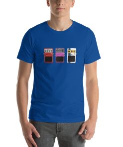 Unisex t-shirt with a picture of three electric guitar effects pedals on it.