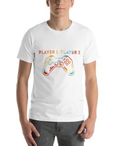 Unisex t-shirt with a picture of a video game controller on it. Above the controller it says "Player 1 Player 2"