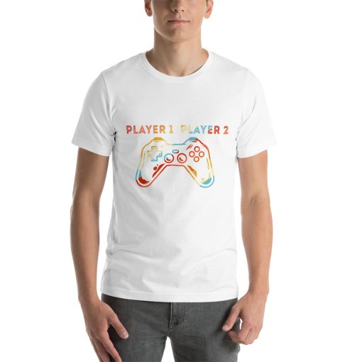 Unisex t-shirt with a picture of a video game controller on it. Above the controller it says "Player 1 Player 2"