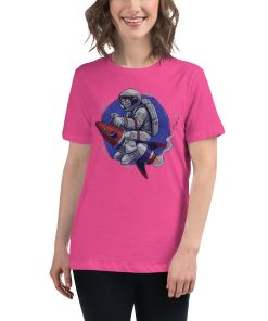 Women's t-shirt with a picture of an astronaut on top of a rocket.