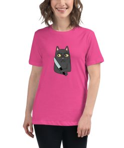 Women's t-shirt with a picture of a cat holding a knife.