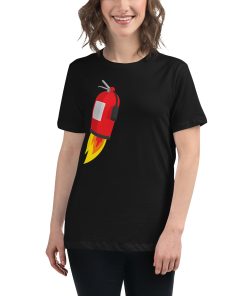 Women's t-shirt with a picture of a fire extinguisher on it. The fire extinguisher is on fire.