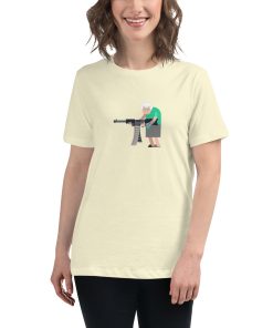 Women's cut t-shirt with a picture of an old lady with a machine gun on it.