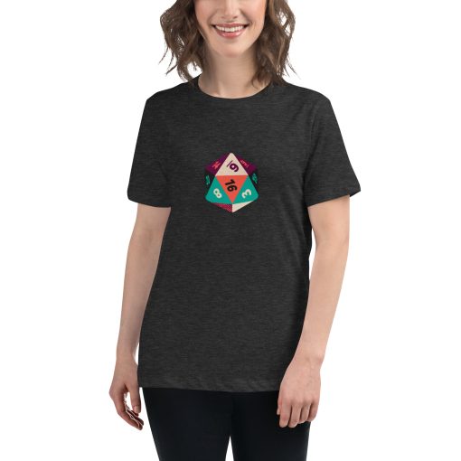 Women's t-shirt with a picture of a 20 sided die on it.