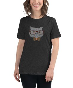 Women's t-shirt with a picture of a cat in a bowtie and glasses on it.