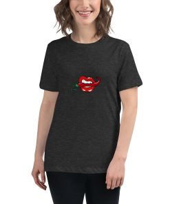 Women's t-shirt with a picture of a chili in between a set of teeth.