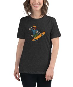 Women's t-shirt with a picture of a skeleton skateboarding.