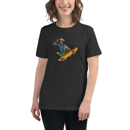 Women's t-shirt with a picture of a skeleton skateboarding.