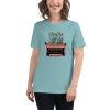 Women's cut t-shirt with a picture of a typewriter with flowers growing out of it.