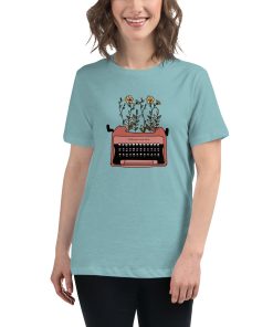 Women's cut t-shirt with a picture of a typewriter with flowers growing out of it.