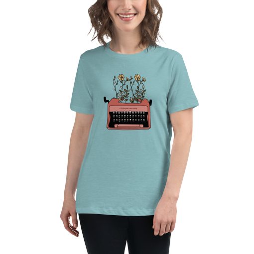 Women's cut t-shirt with a picture of a typewriter with flowers growing out of it.