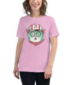 Women's t-shirt with a picture of a cat wearing a helmet and glasses.