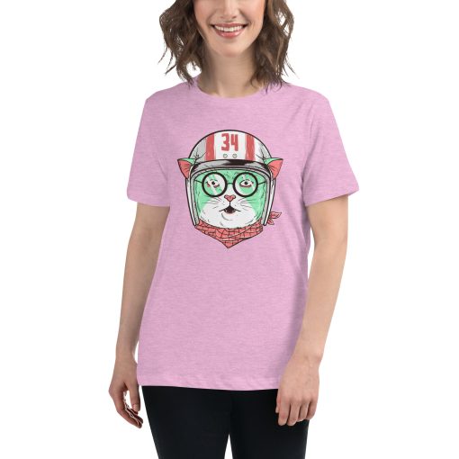 Women's t-shirt with a picture of a cat wearing a helmet and glasses.