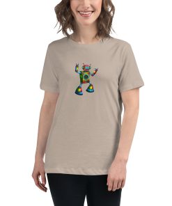 Women's t-shirt with a picture of a multi-coloured dancing robot on it.