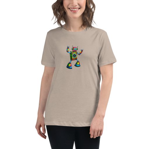 Women's t-shirt with a picture of a multi-coloured dancing robot on it.