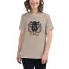 Women's cut t-shirt with a picture of a gorilla holding two skateboards.