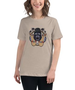 Women's cut t-shirt with a picture of a gorilla holding two skateboards.