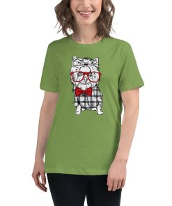 Women's t-shirt with a picture of a dog wearing a bowtie and glasses.