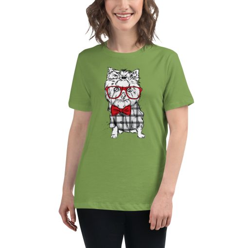 Women's t-shirt with a picture of a dog wearing a bowtie and glasses.